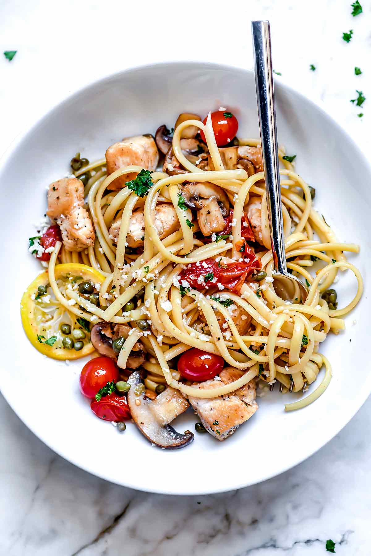 Chicken Piccata Pasta with Tomatoes and Mushrooms