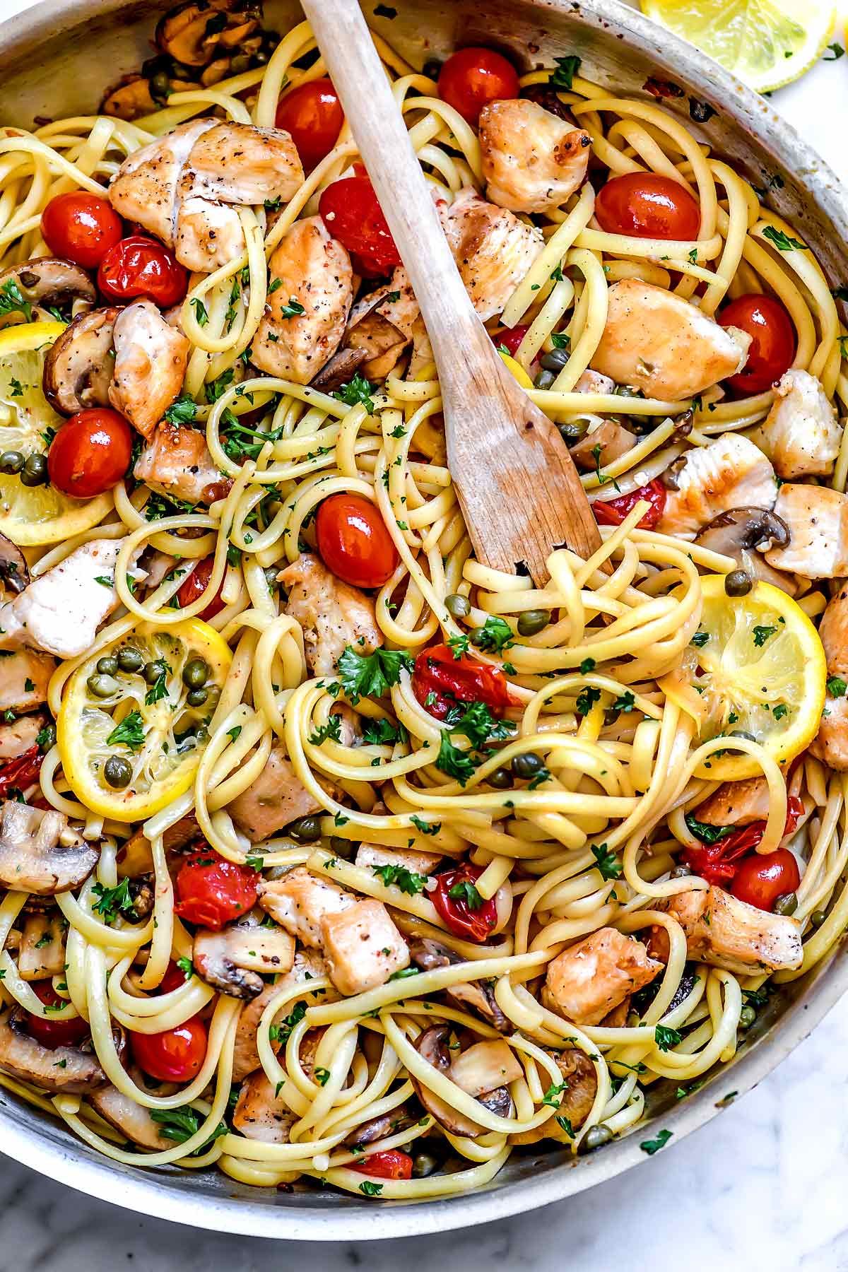 Chicken Piccata Pasta with Tomatoes and Mushrooms| foodiecrush.com