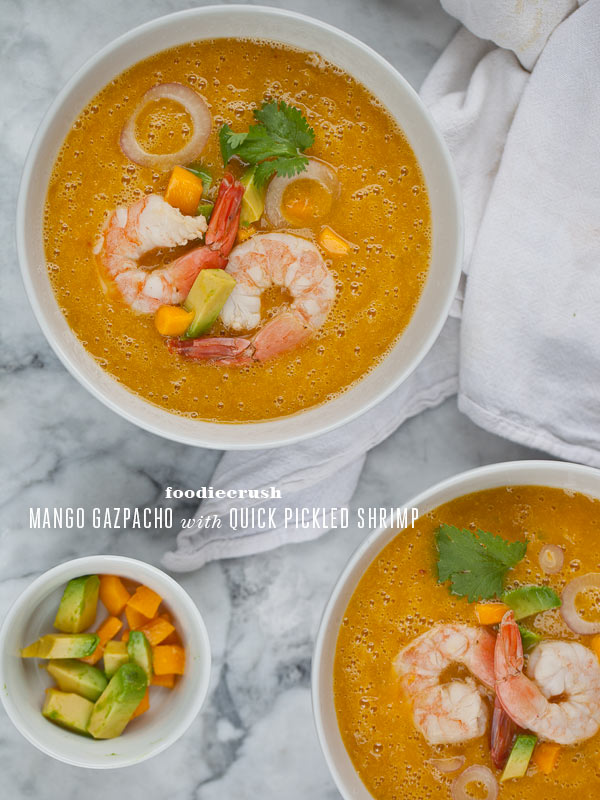 Mango Gazpacho with Pickled Shrimp from FoodieCrush