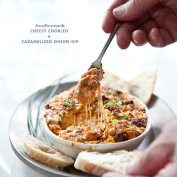 Cheesey Chorizo Caramelized Onion Dip | FoodieCrush.com