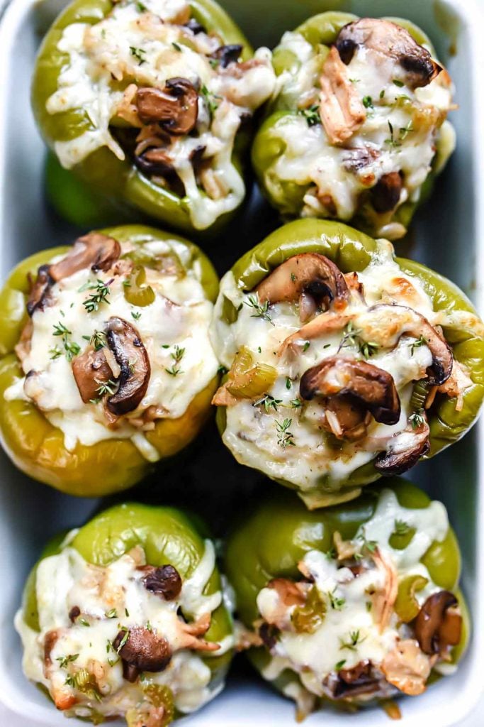 Creamy Chicken and Mushroom Stuffed Bell Peppers | foodiecrush.com #stuffed #peppers #bell #chicken #creamy #recipe