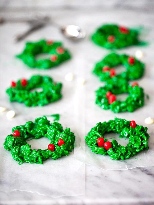 White Chocolate Peppermint Christmas Wreath Cookies from foodiecrush.com