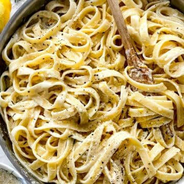 Lemon Fettuccine Alfredo in pan foodiecrush.com