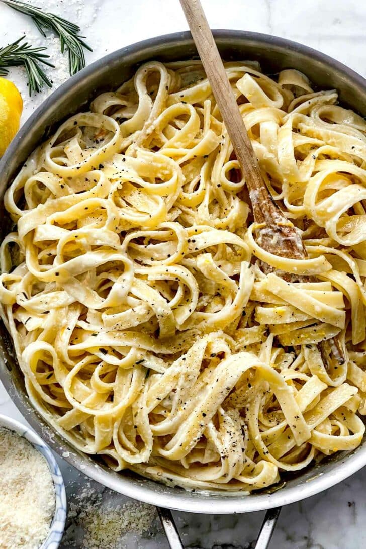 Lemon Fettuccine Alfredo in pan foodiecrush.com