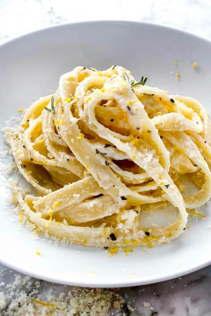 Lemon Fettuccine Alfredo on plate foodiecrush.com