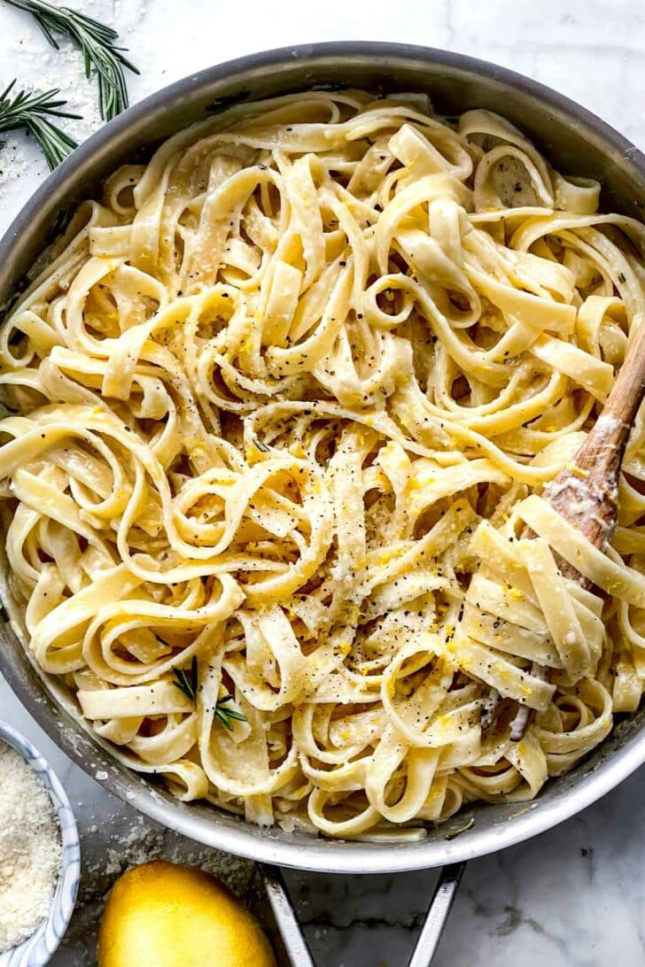 Lemon Fettuccine Alfredo in pan foodiecrush.com