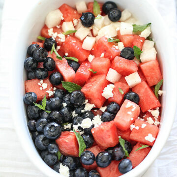 Red White and Blue Watermelon and Blueberry Fruit Salad | foodiecrush.com #salad #fruitsalad