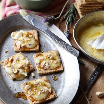 Brie Graham Cracker Crostini with Lavendar Honey | FoodieCrush.com