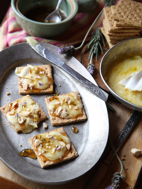 Brie Graham Cracker Crostini with Lavendar Honey | FoodieCrush.com