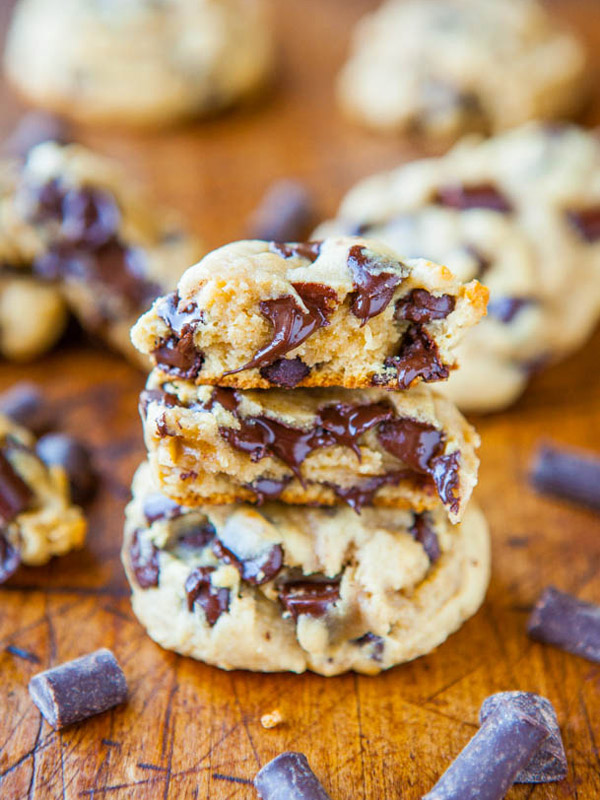 chocolate chip cream cheese cookies in a stack