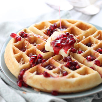 Coconut Waffles with Pomegranate Syrup | foodiecrush.com