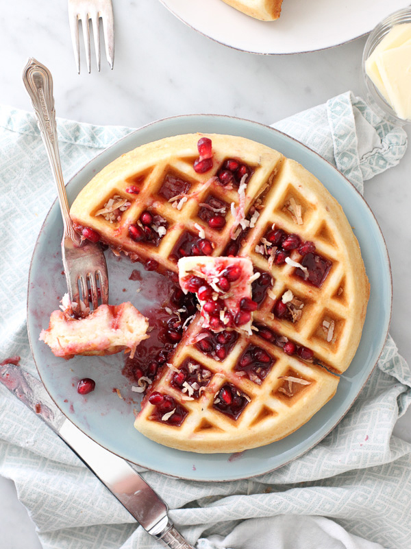 Coconut Waffles with Pomegranate Syrup | foodiecrush.com