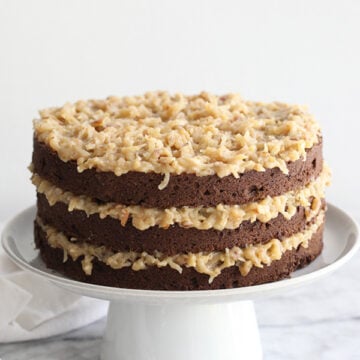 German Chocolate Cake with a decadent coconut and pecan frosting