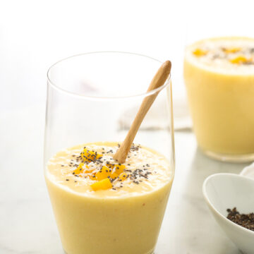 Mango Tropical Smoothie with chia seeds and Greek yogurt tastes more like a shake than a healthy drink
