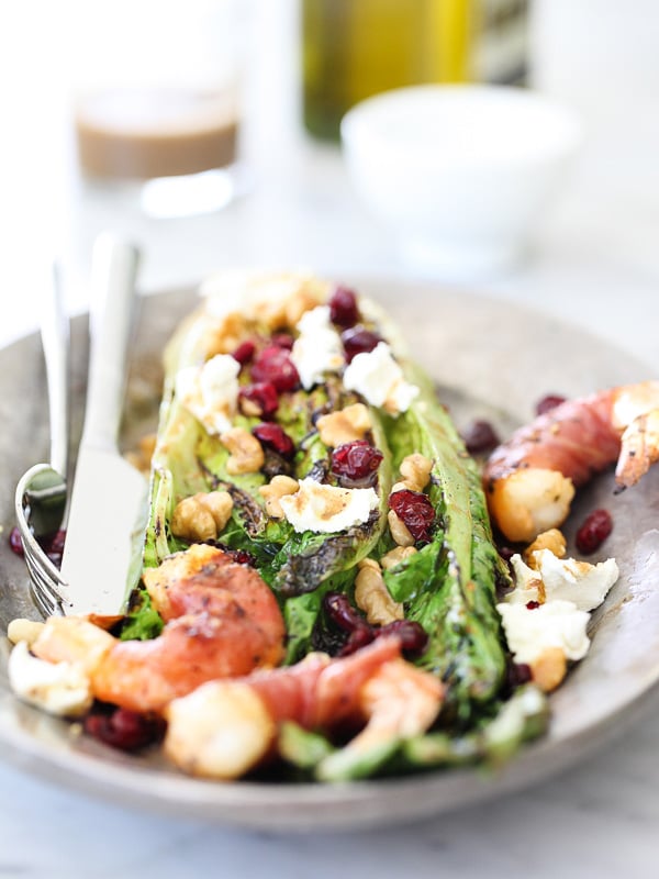 Grilled Romaine Salad with Prosciutto Wrapped Shrimp #recipe on foodiecrush.com
