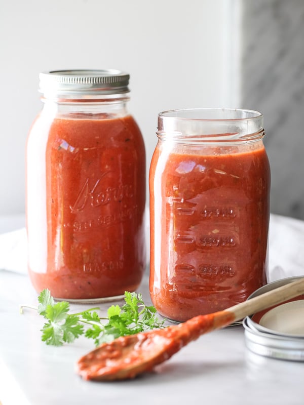 two large jars of tomato sauce from fresh tomatoes