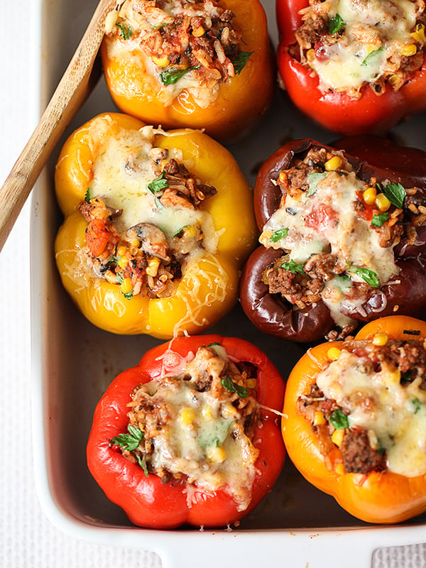 Ground Beef Stuffed Bell Peppers Recipe on foodiecrush.com #beef #healthy #stuffed #peppers #healthy #dinner #recipes 