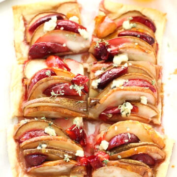 Baked Pear and Plum Puff Pastry Tart with Blue Cheese on foodiecrush.com