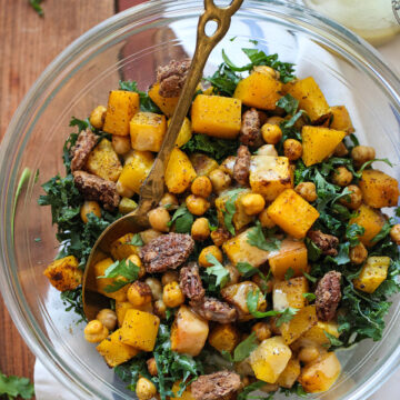 Kale Salad with Butternut Squash, Chickpeas and Tahini Dressing on foodiecrush.com