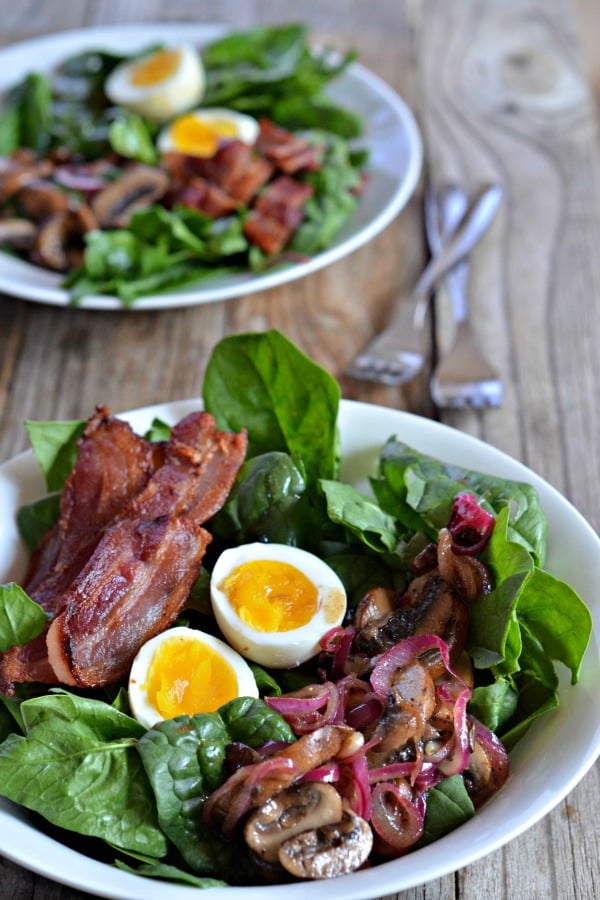 Warm Spinach Salad with Mushroom-Bacon Vinaigrette. from Mountain Mama Cook...