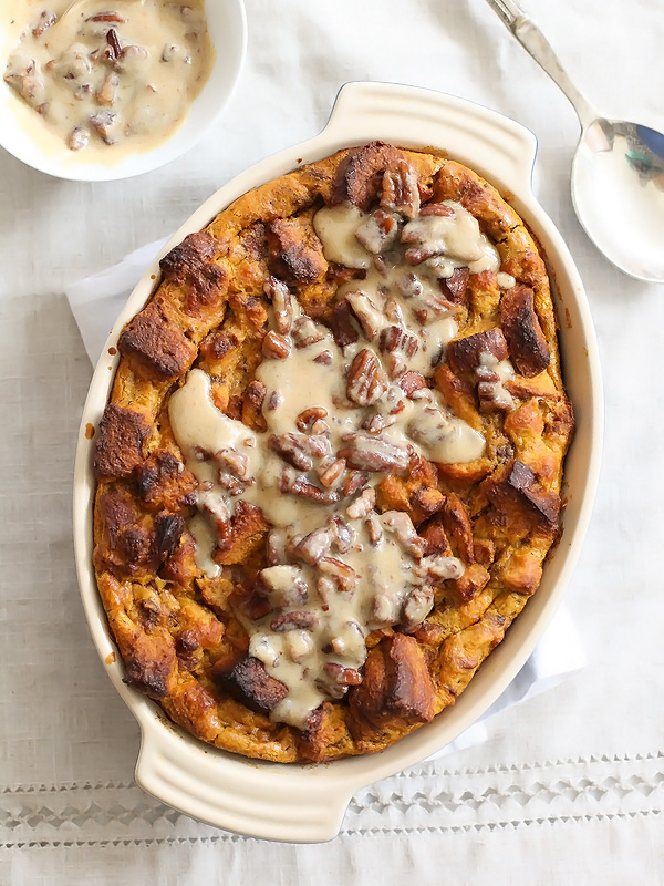 baking dish of pumpkin bread pudding with whiskey sauce