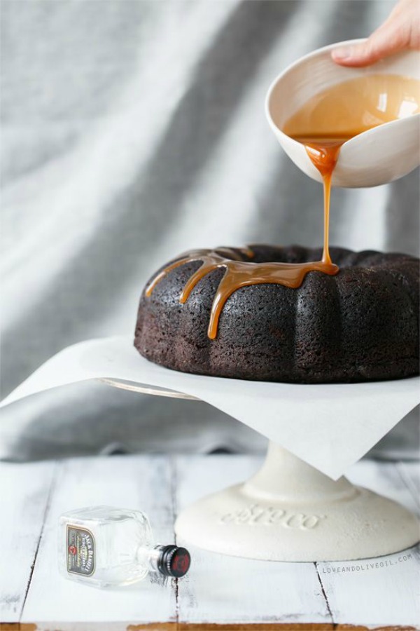 Chocolate Whiskey Bundt Cake with Whiskey Caramel Sauce from loveandoliveoil.com on foodiecrush.com