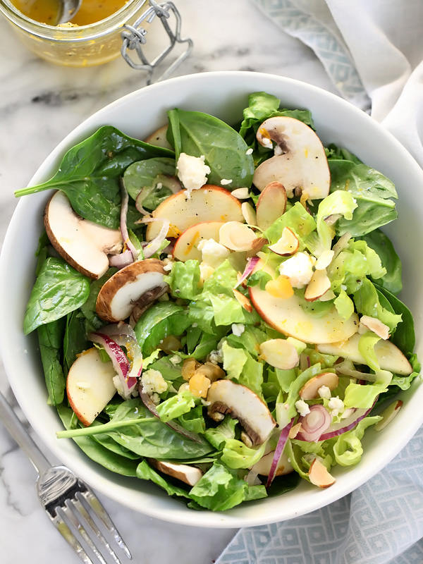 Apple, Pear and Mushroom Green Salad with Orange Mustard Vinaigrette | foodiecrush.com #recipes #healthy #dressing