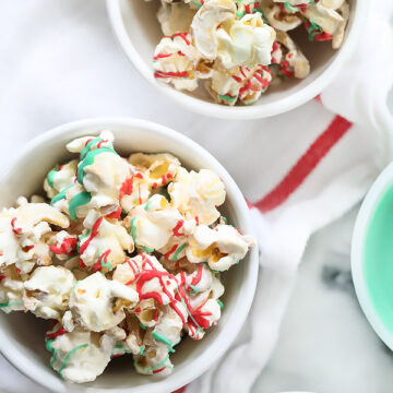White Chocolate Peppermint Popcorn with Cashews on foodiecrush.com