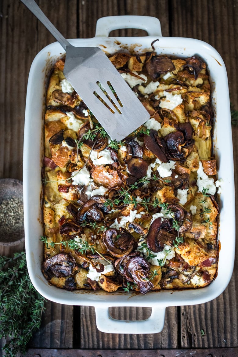 Breakfast Strata with Mushrooms, Caramelized Onions, Goat Cheese & Thyme from feastingathome.com on foodiecrush.com