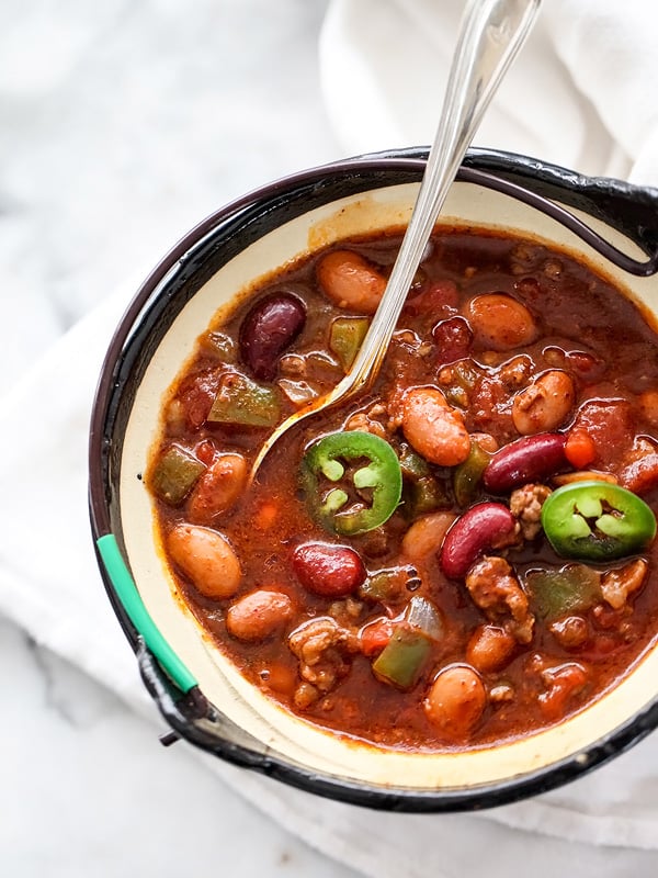 Killer Beef and Three Bean Chili | foodiecrush.com #coldweather #recipe #easy