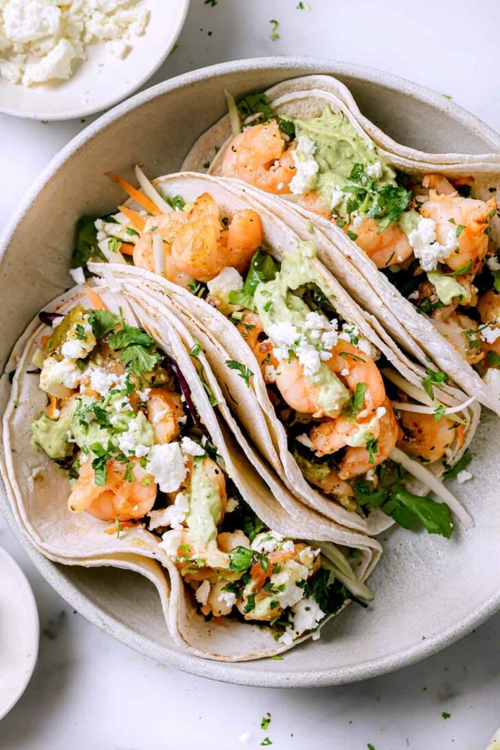 Shrimp Tacos with Avocado Crema foodiecrush.com