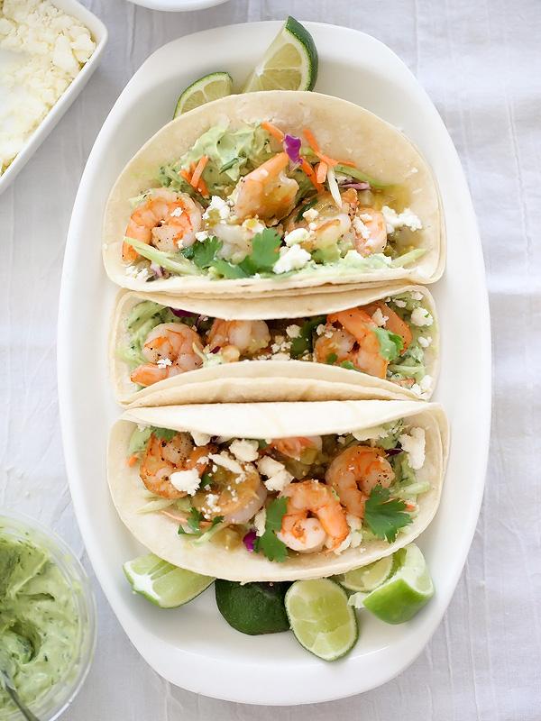Shrimp Tacos with Garlic Avocado Crema | foodiecrush.com #easy #healthy #recipe