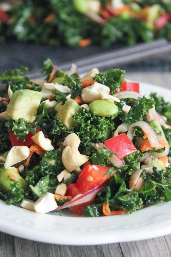 Kale Salad with Edamame, Roasted Cashews and Miso Dressing from domesticate-me.com