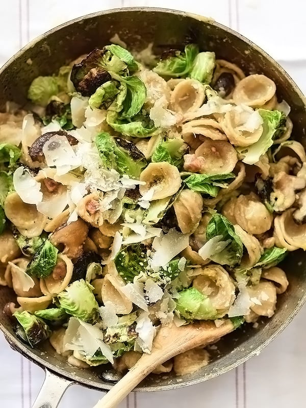 Carbonara Pasta with Charred Brussels Sprouts on foodiecrush.com