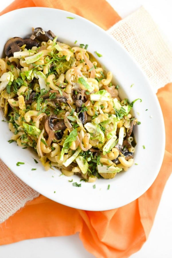 Creamy Mushroom, Brussel Sprout, and Goat Cheese Pasta from thingsimadetoday.com on foodiecrush.com
