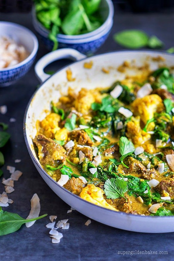 One-Pot Beef Curry with Spinach & Cauliflower from supergoldenbakes.com on foodiecrush.com