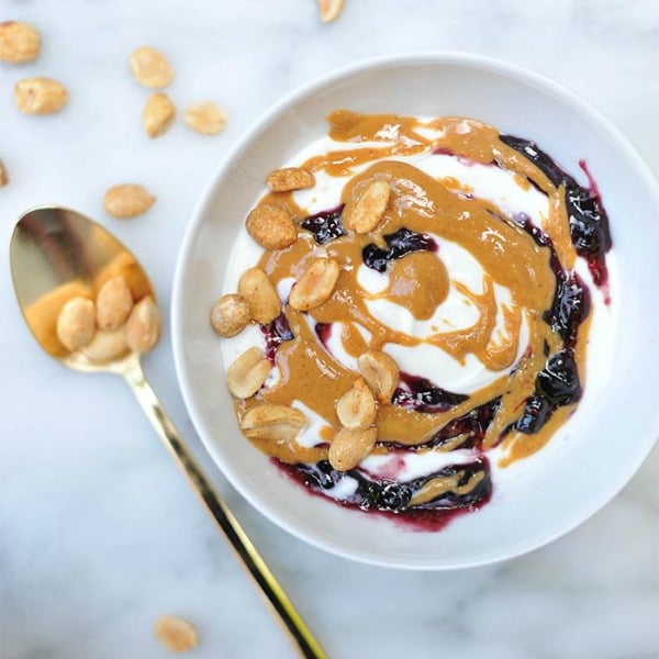 Peanut Butter & Jelly Breakfast Bowl from newblooming.com on foodiecrush.com