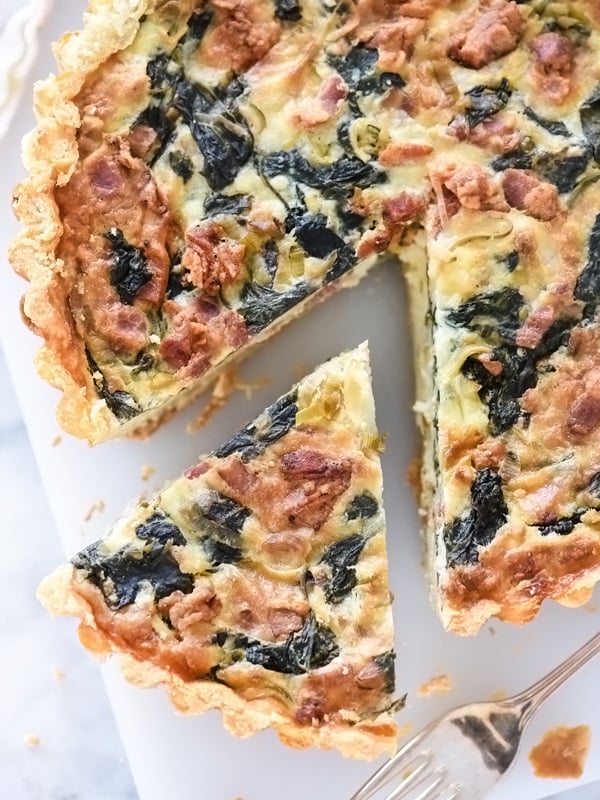 Deep-Dish Spinach Bacon Quiche | foodiecrush.com #recipes #spinach #crusts #eggs