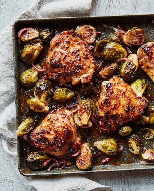 Honey Mustard Sheet Pan Chicken with Brussels Sprouts from twopeasandtheirpod.com on foodiecrush.com