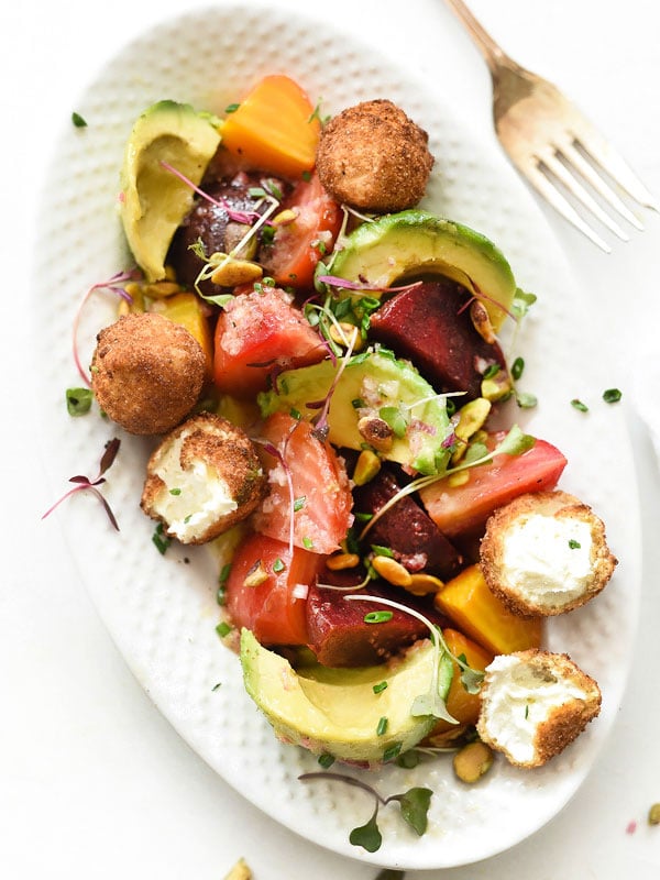 Beet, Avocado and Fried Goat Cheese Salad | foodiecrush.com #recipe #vinaigrette #dressing #withgoatcheese #roasted #recipes