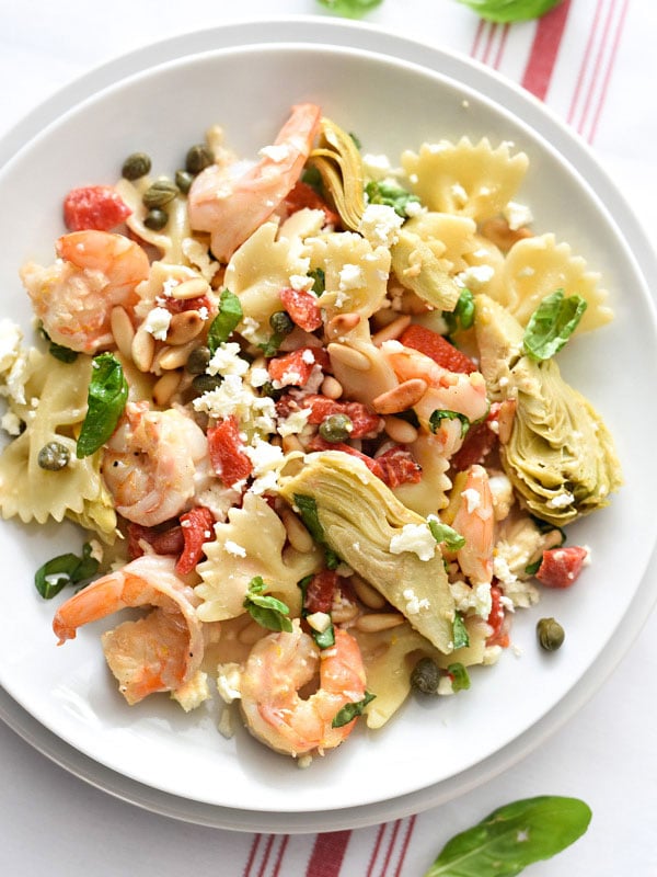 Shrimp Pasta with Roasted Red Peppers and Artichokes | foodiecrush.com #healthy #recipes #easy creamy #garlic