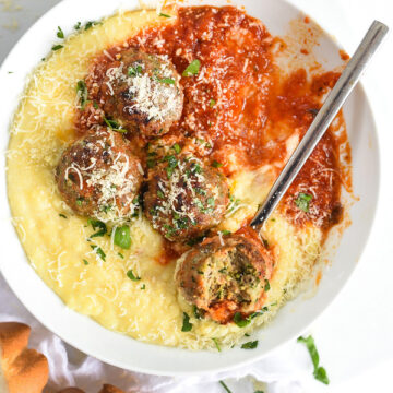 Baked Turkey Meatballs with Polenta and Marinara | foodiecrush.com