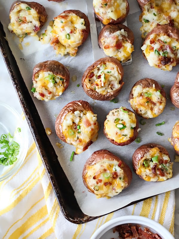 twice baked red potatoes on baking tray