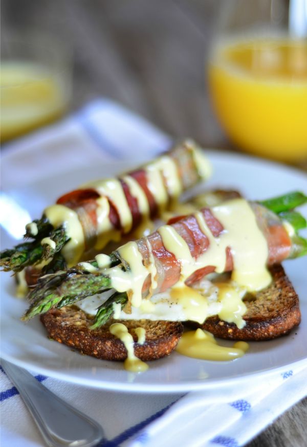 Prosciutto Wrapped Asparagus Eggs Benedict from mountainmamacooks.com on foodiecrush.com