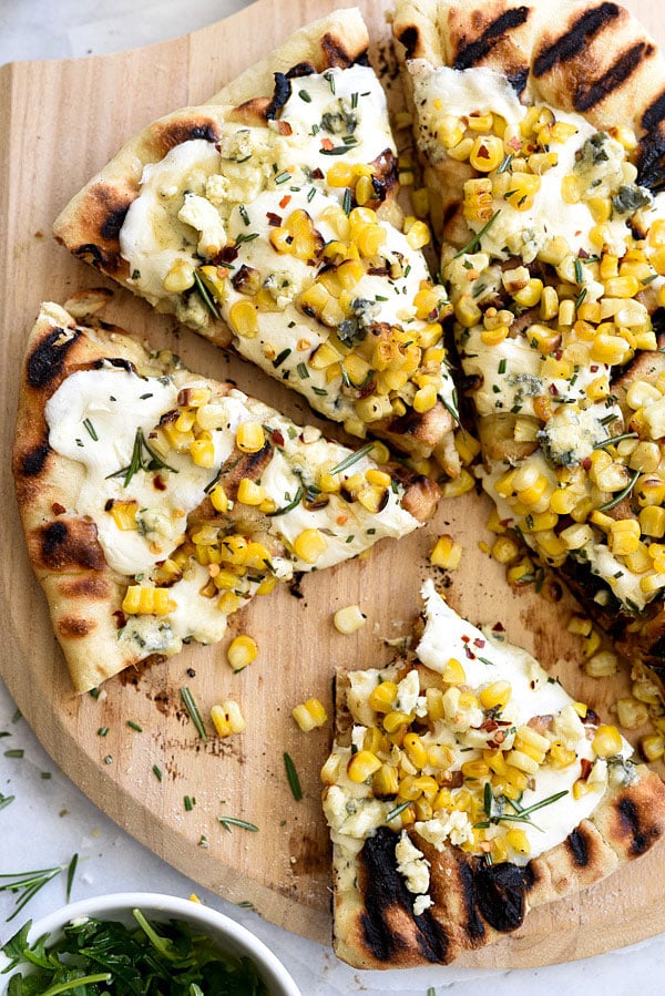 Charred Corn with Rosemary Grilled Pizza from foodiecrush.com on foodiecrush.com