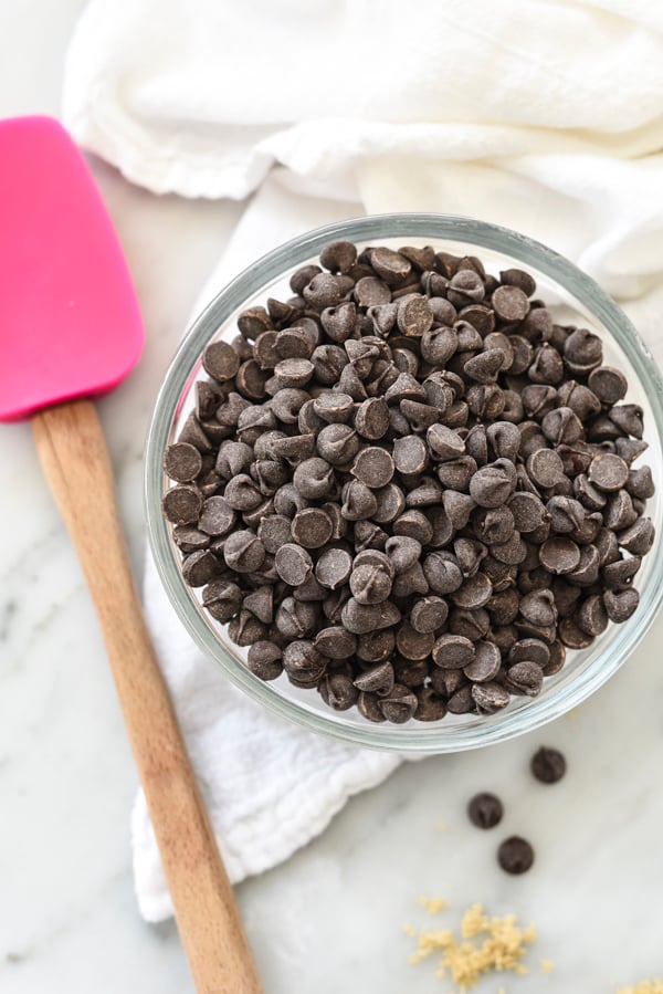 bowl of chocolate chips meant for Milk Bar cookies recipe