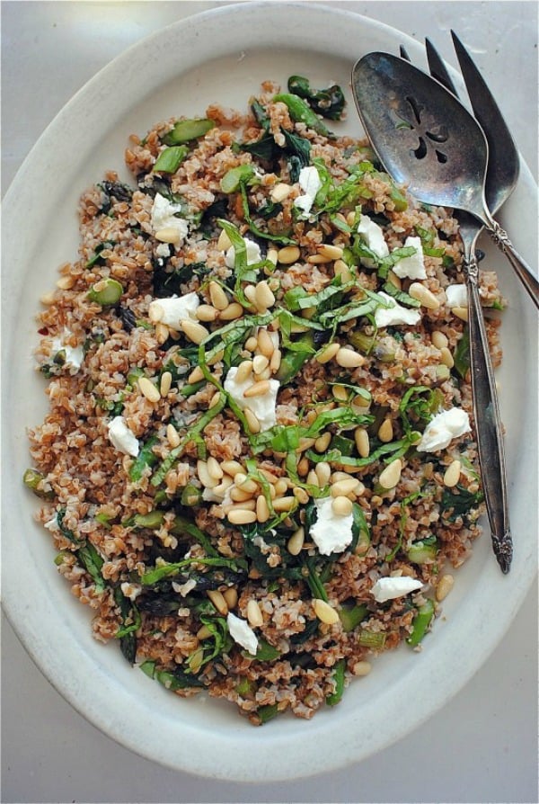 Bulgur Salad with Spinach, Pine Nuts and Asparagus from bevcooks.com on foodiecrush.com