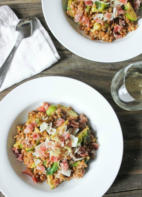 Farro Risotto with Prosciutto, Parmesan and Brussels Sprouts from domesticate-me.com on foodiecrush.com
