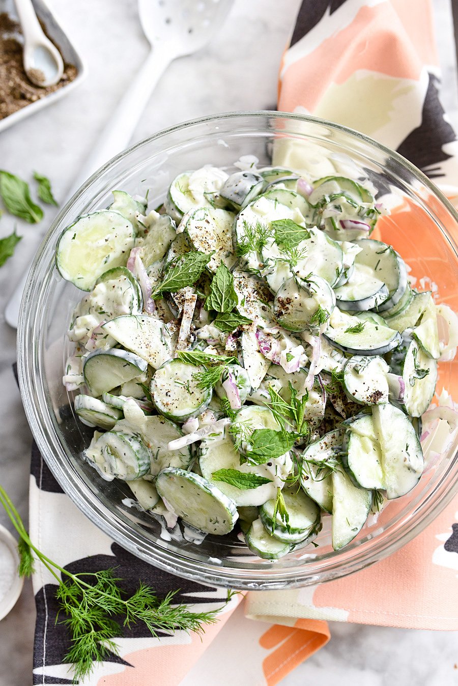 Creamy Yogurt Cucumber Salad Recipe | foodiecrush.com #tzatzikisauce #healthy #garlic