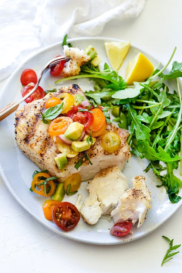 Grilled Halibut with Tomato Avocado Salsa | foodiecrush.com